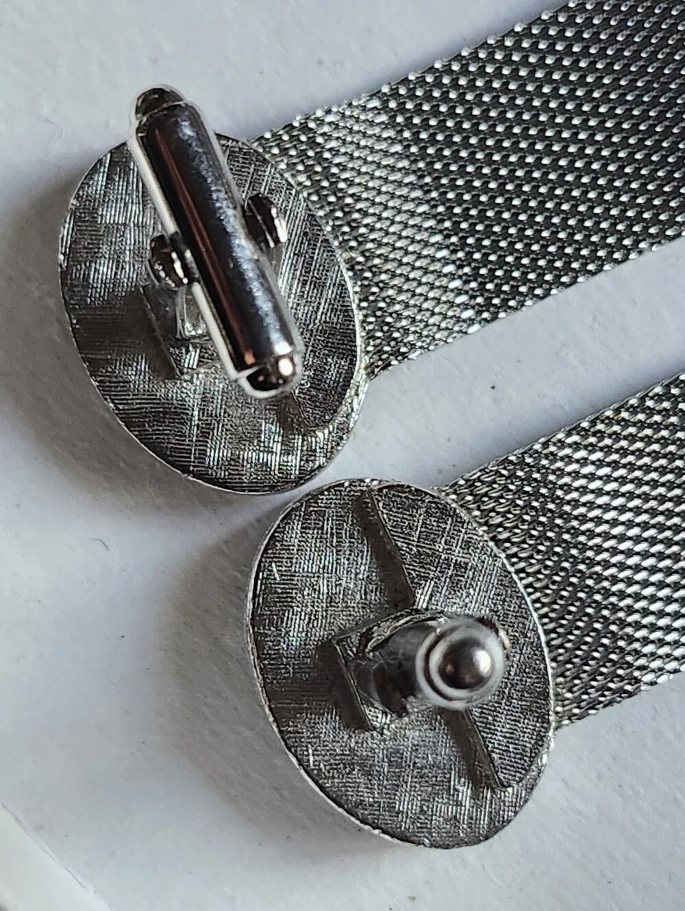 Vtg Dante Silver Tone Mesh Cufflinks with Dark Blue Oval Stones